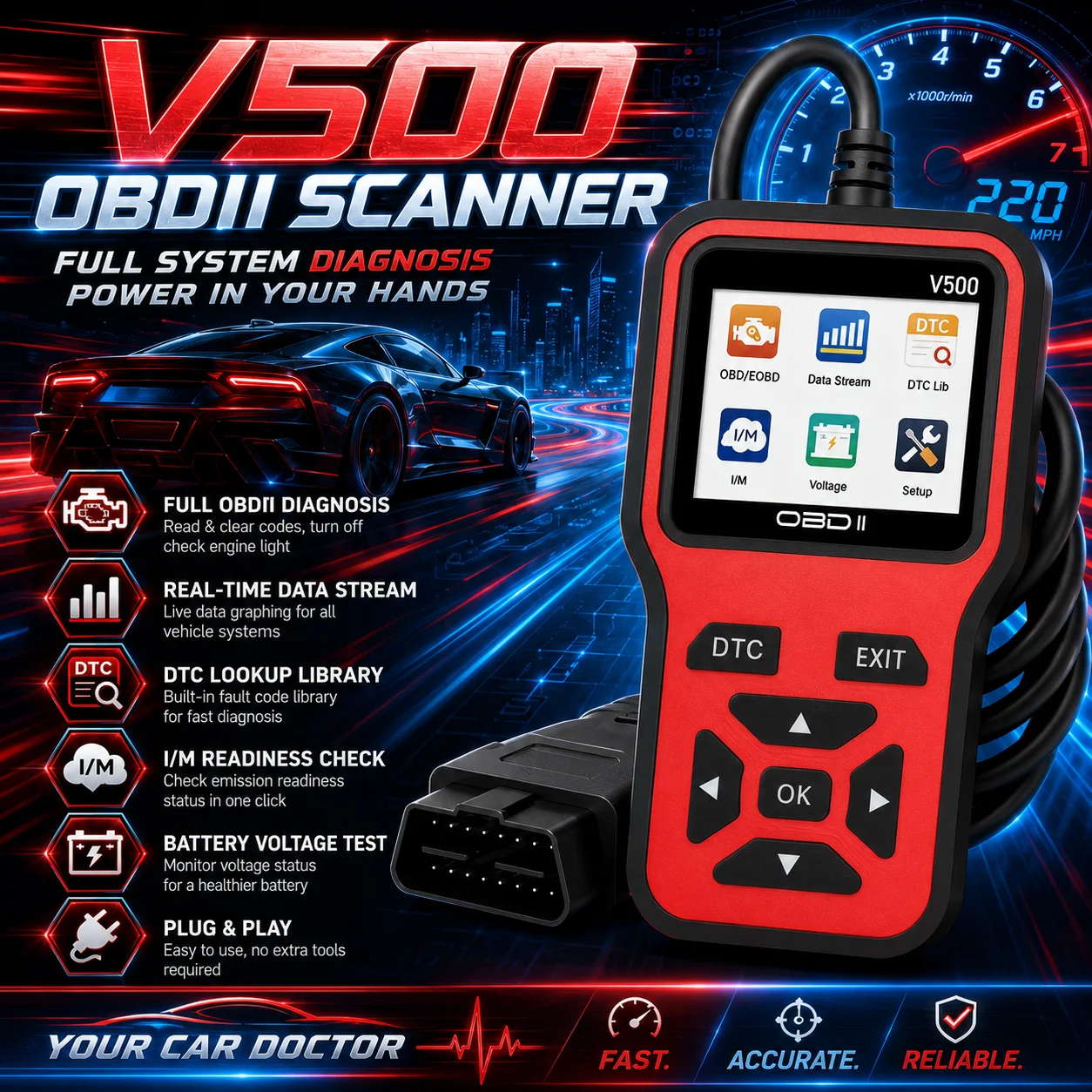 V500 Obdii Automotive Diagnostic Scanner Engine Check Code Reader with Battery Voltage Tester and Charging System Test