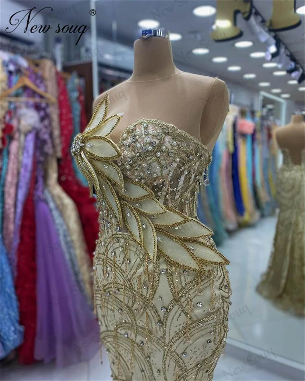 Robes De Soiree Gold Beaded Evening Dresses Elegant Mermaid Strapless Women Prom Gowns Custom Made Dubai Wedding Party Dress