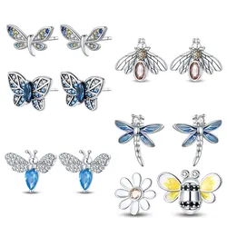 925 Silver Ear Jewelry Insect Elements Bees Butterflies Dragonflies Design Stud Earrings Luxury Fine Engagement Wedding Earring