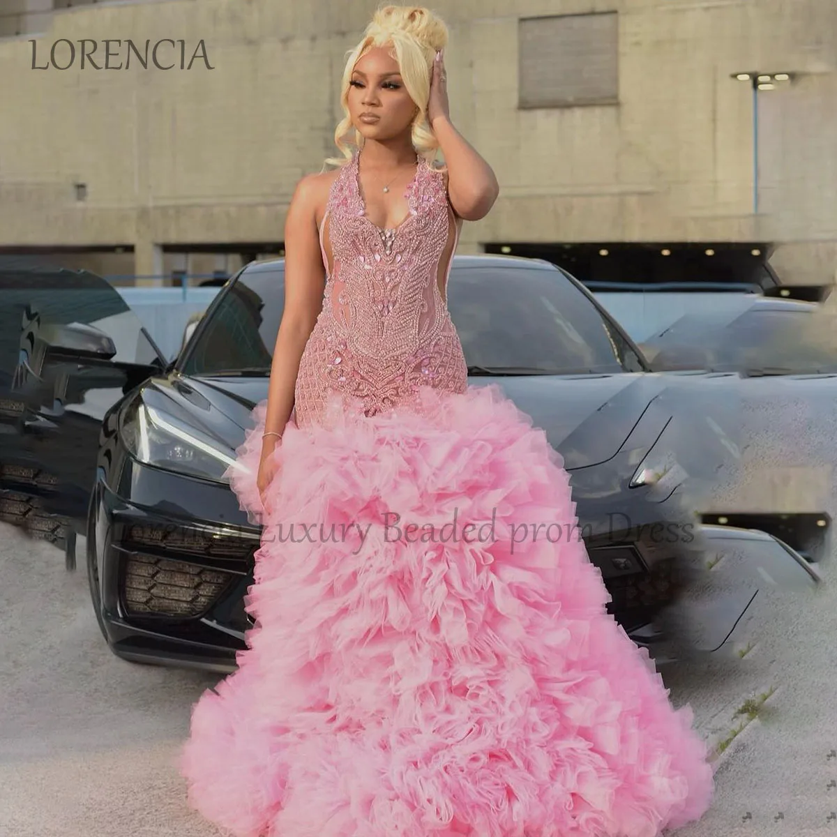 

Pink 2024 Rhinestones Prom Dresses For Black Girls Ruffle Beaded Crystals Mermaid Evening Party Gowns Formal vestidos de gala