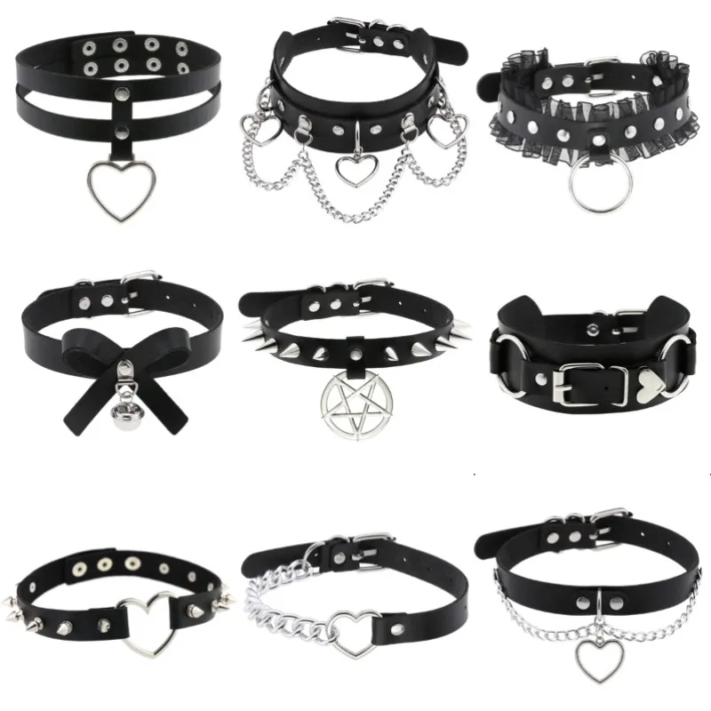 1Pc Vintage Sweet Love Girl Cool Hip Hop Rivet Choker Diy Harajuku Gothic Heart Black Leather Grunge Torques Necklaces Jewelry