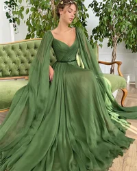 Bella Green Chiffon A-line Prom Dresses V-neck Floor-Length Wedding Dress Customized Sleeveless Long Shawl Vestidos De Fiesta