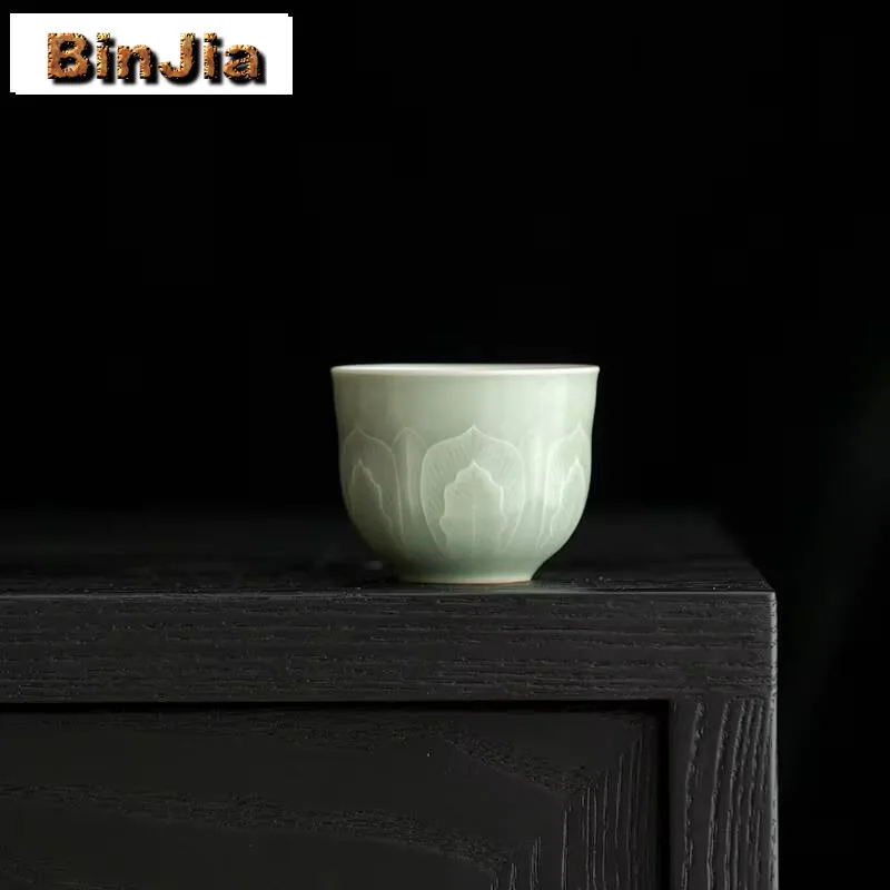 

2 шт./компл., зеленая глазурь, чашка ручной работы, домашняя чашка с лепестками лотоса, эстетичная маленькая чайная чаша, ароматная посуда, 40 мл