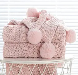 Luxury Chunky Knit Blanket with pom poms- Thick, Soft, Big, Cozy Throw Blankets for Couch, Bed, Sofa, Chair-130×170CM