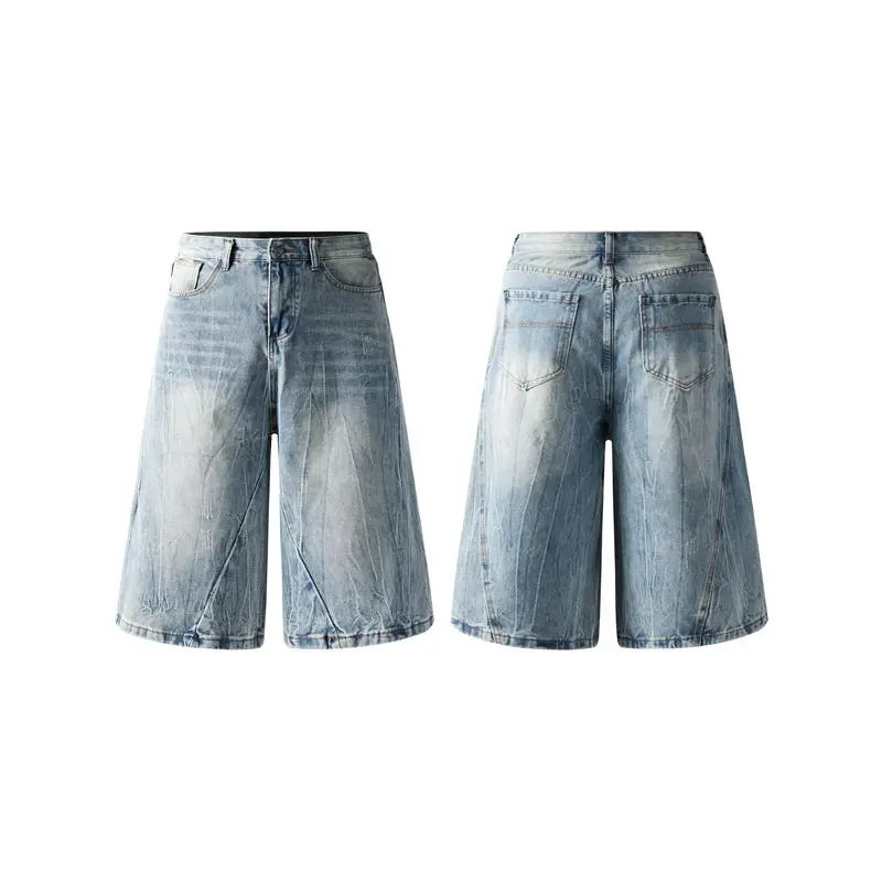 

Retro American Denim Shorts for Men Summer New Washed Heavy High Street Loose Straight Leg Wide Leg Seven Points Pants