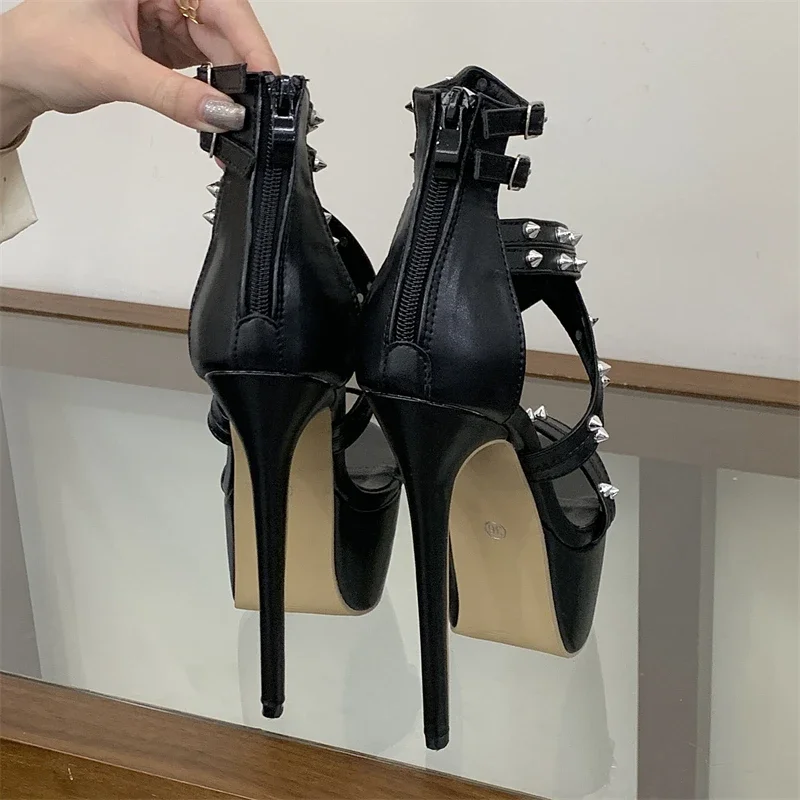 Aneikeh Sexy Punk Stiletto High Heels Open Toe Women Sandals Designer Rivet Narrow Band Buckle Strap Striptease Shoes