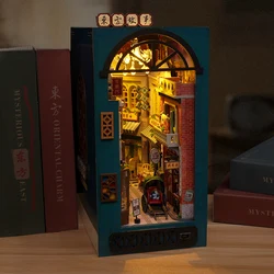 DIY Book Nook Insert Shelf Kits Wooden Miniature Model Kit Oriental Tales Chinese Bookend Assembled Bookshelf Home Decor Gifts