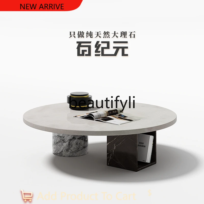 

Natural Marble Round Small Coffee Table with Storage, Italian Minimalist Nordic Style, Unique Round Table G1218