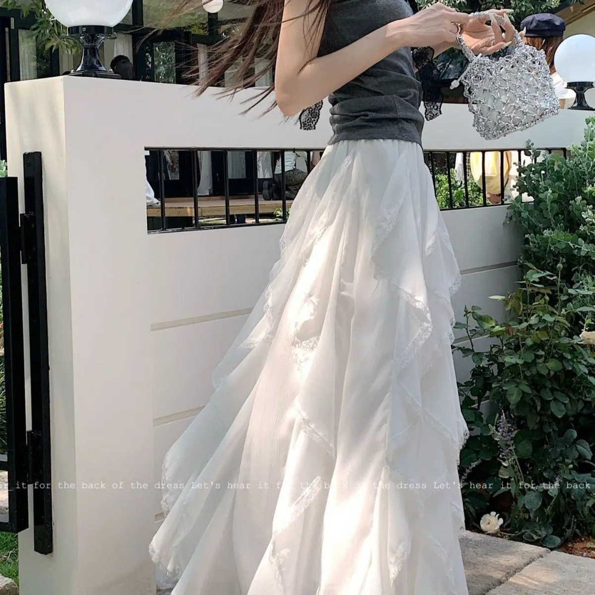 

Heavy industry design ruffle edge splicing lace irregular skirt new spring and summer high waist thin dress