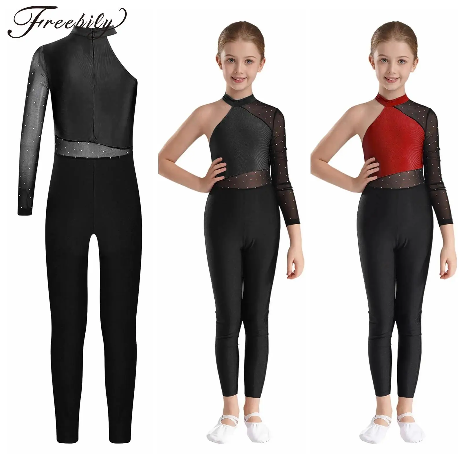 

Kids Girls One Shoulder Ballet Dance Leotard Long Sleeve Gymnastics Jumpsuits Workout Full Body Suit Figure Skating Costume