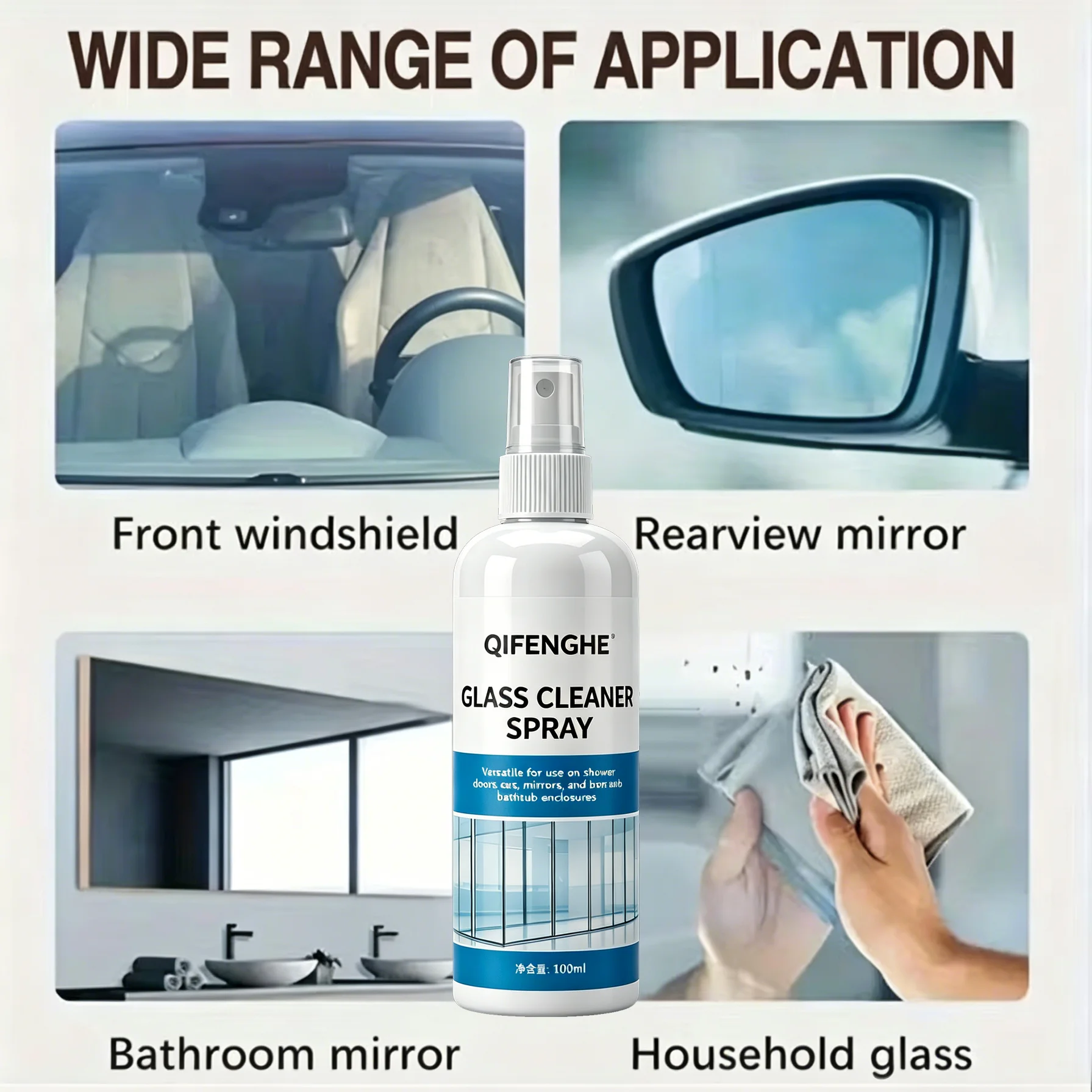 Glass Cleaner Spray, Instantly Remove Water Stains Limescale for Shower Doors, Mirrors, Car Windows, Rearview Mirrors, Multipurp