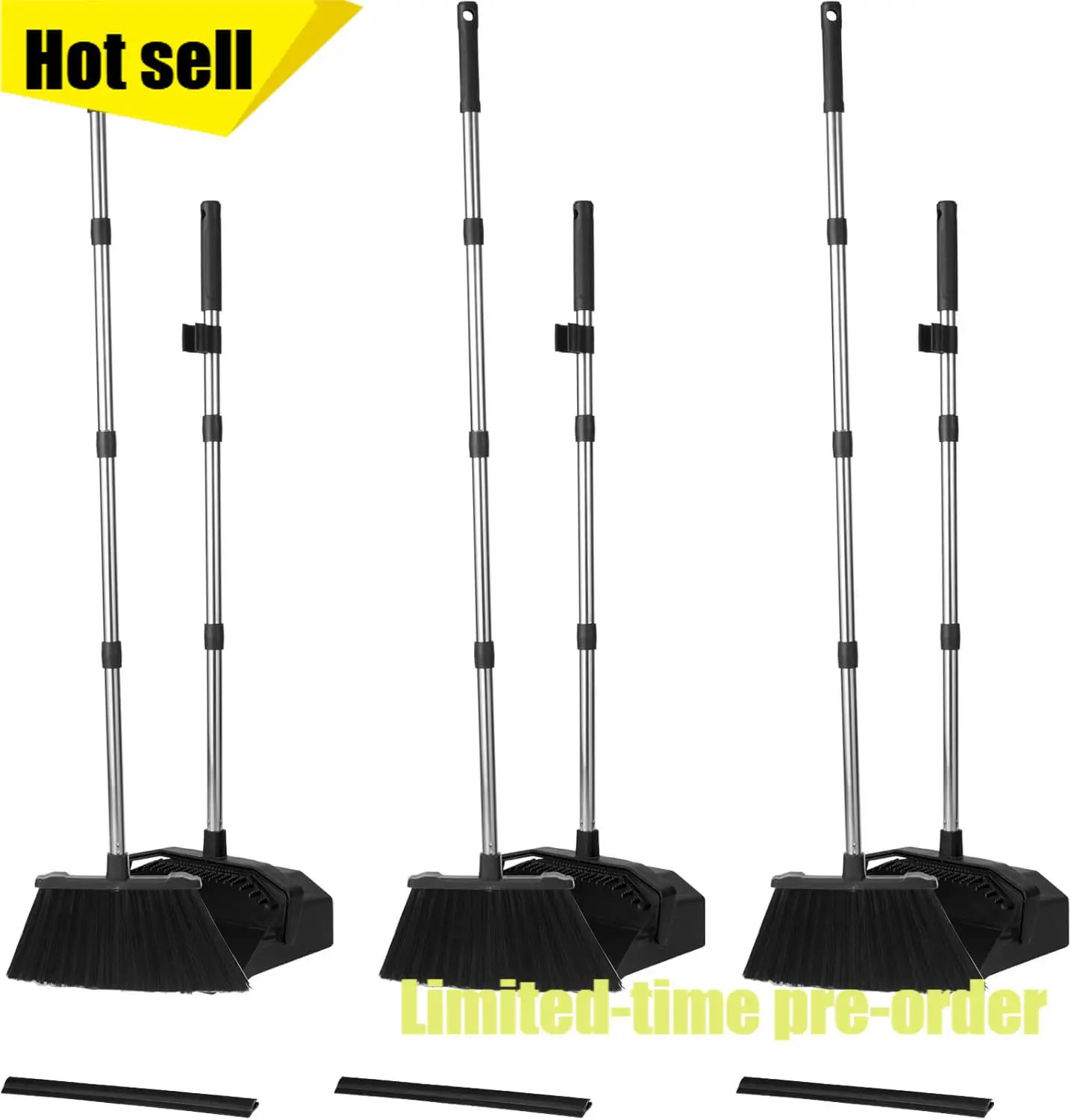 

3 Pack Long Handle Broom And Dustpan Set Large Self Cleaning Teeth Commercial For Restaurant Lobby Garage Black