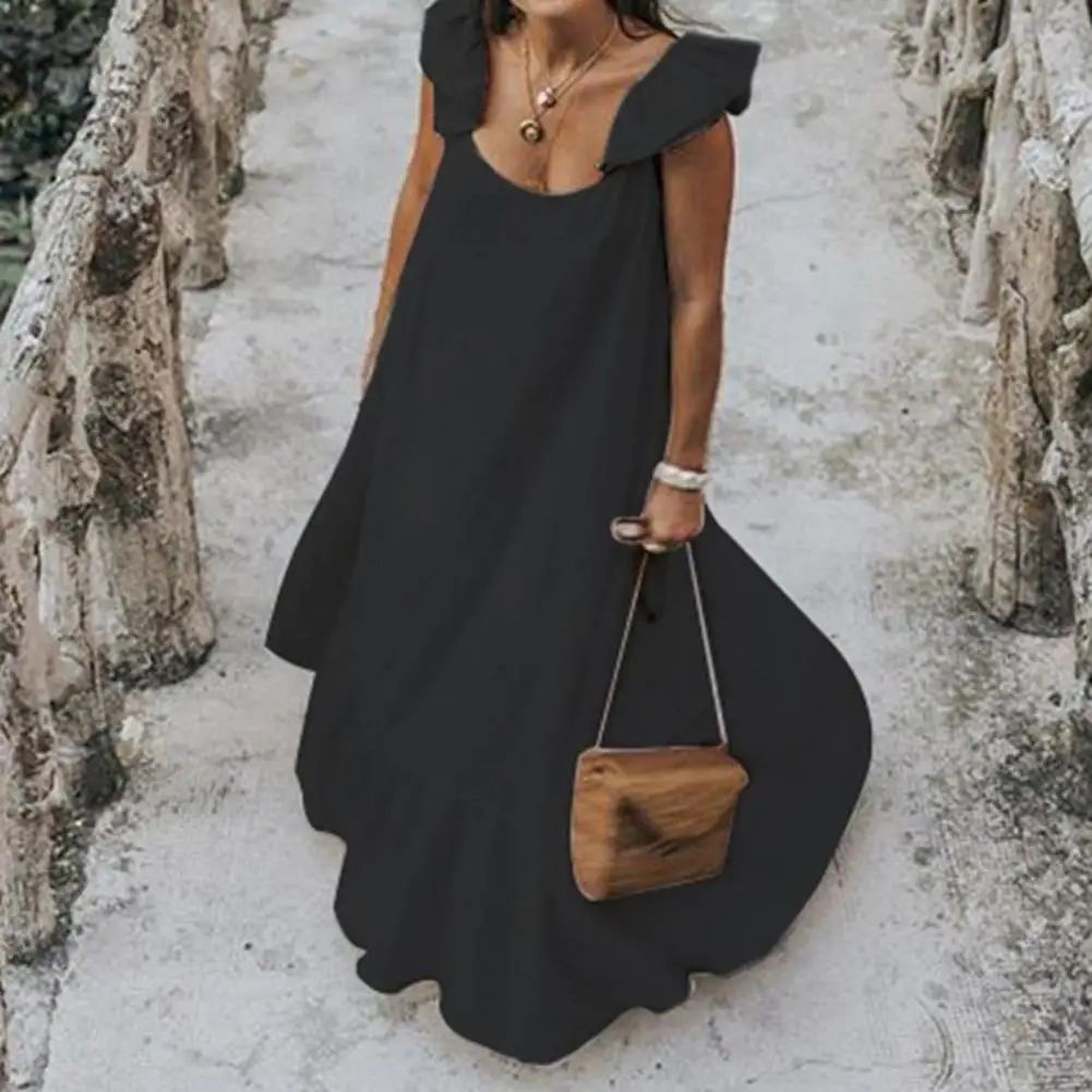 Solid Color Maxi Dress Elegant Summer Maxi Dress with Flying Sleeve Ruffle Patchwork A-line V Neck Design Loose Fit for Women