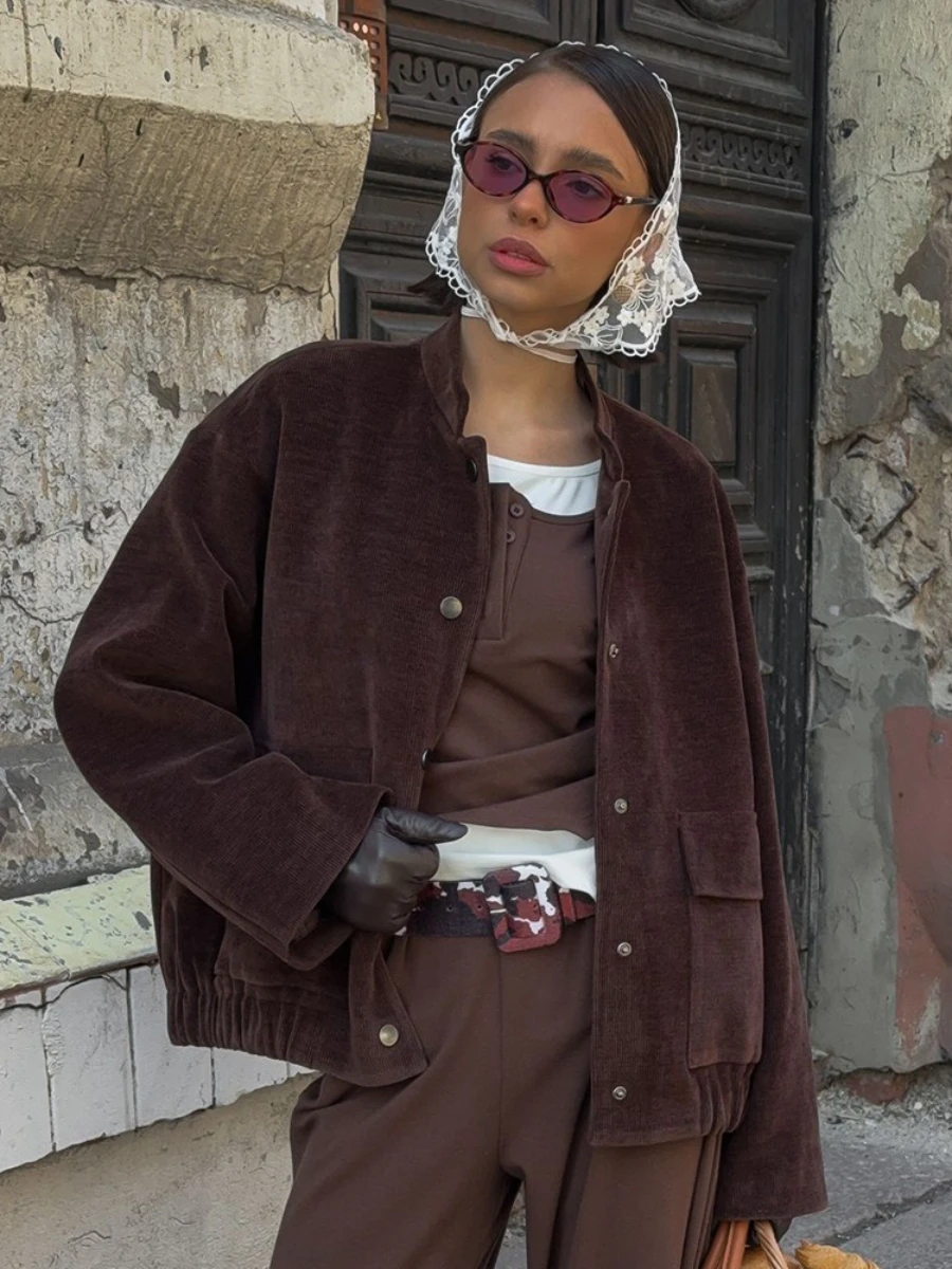 Blubelle Women's New Autumn 2025 Brown Corduroy Jacket Stand Collar Trendy Loose Fit Single - Breasted Long Sleeve Fashion