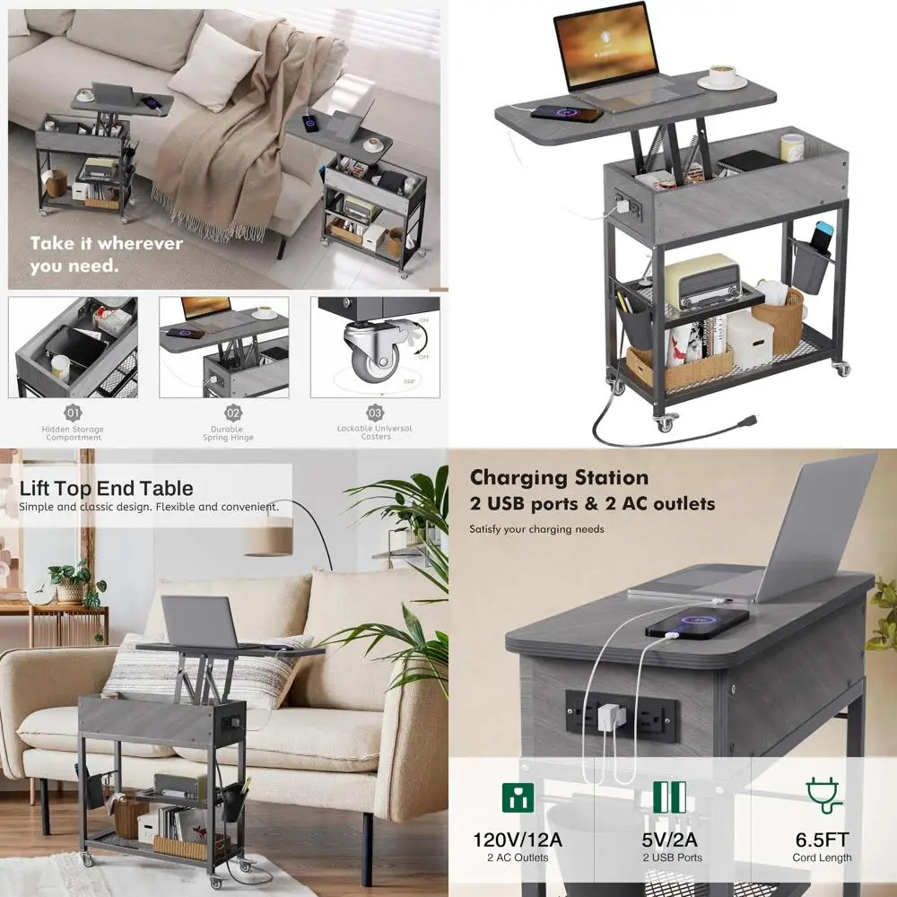 

Портативная зарядная станция-столик на колесиках с USB и AC-розетками, серая прикроватная тумбочка для дома и офиса