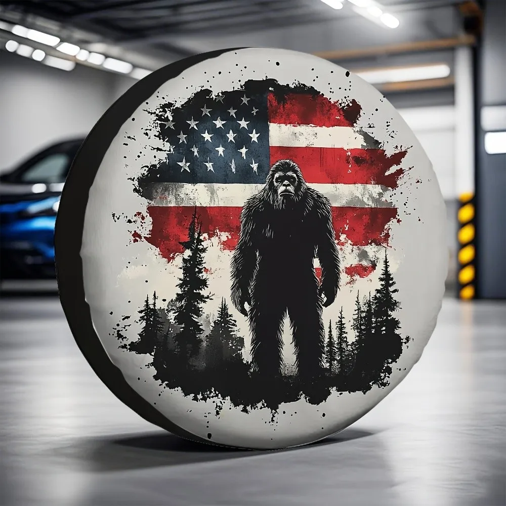 Bigfoot American Flag Tire Cover Polyester Waterproof SUV Jeep Truck Spare Wheel Protector