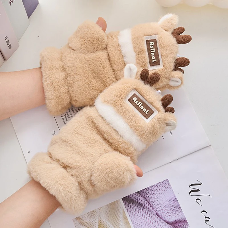 Women Cute Sweety Reindeer Antlers Plush Convertible Flip Gloves Winter Warm Fuzzy Fingerless Mittens Christmas Half Finger