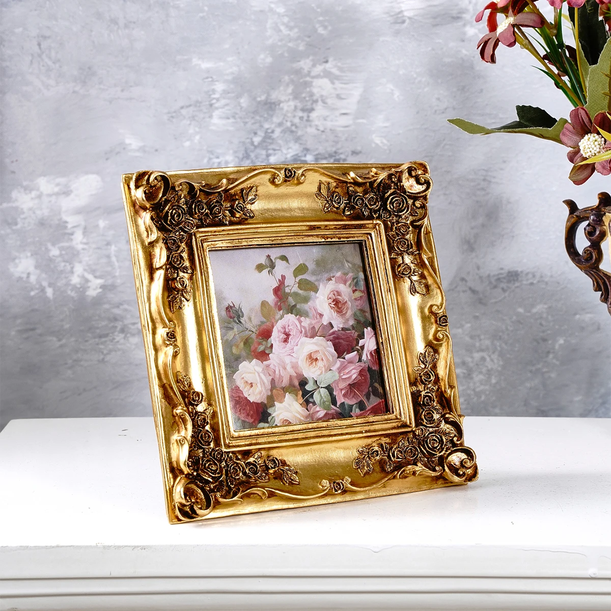 1PC, European Classical Gold Three-Dimensional Rose Pattern Square Photo Frame