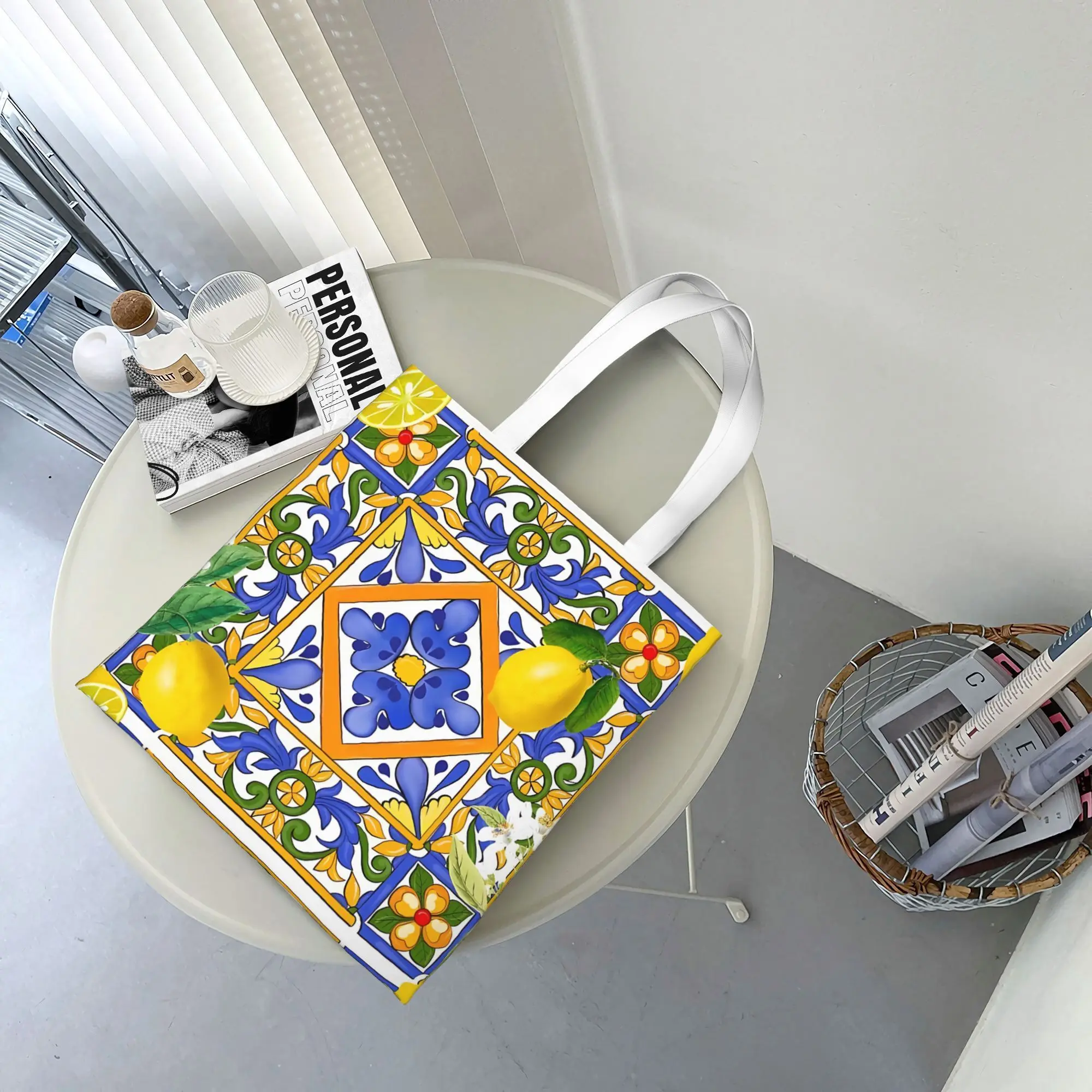 Summer Sicilian Tiles Handbag Vibrant Blue Orange & Yellow Floral Design with Lemon Accents, Durable Shopping Bag Handbag