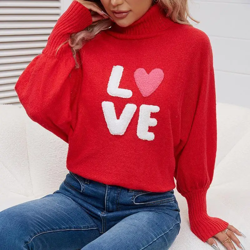 

Vntine's Day Love Red Свободный вязаный свитер с высоким воротником Batwing Sve Верхний топ Женский Faion Spring Long Sve