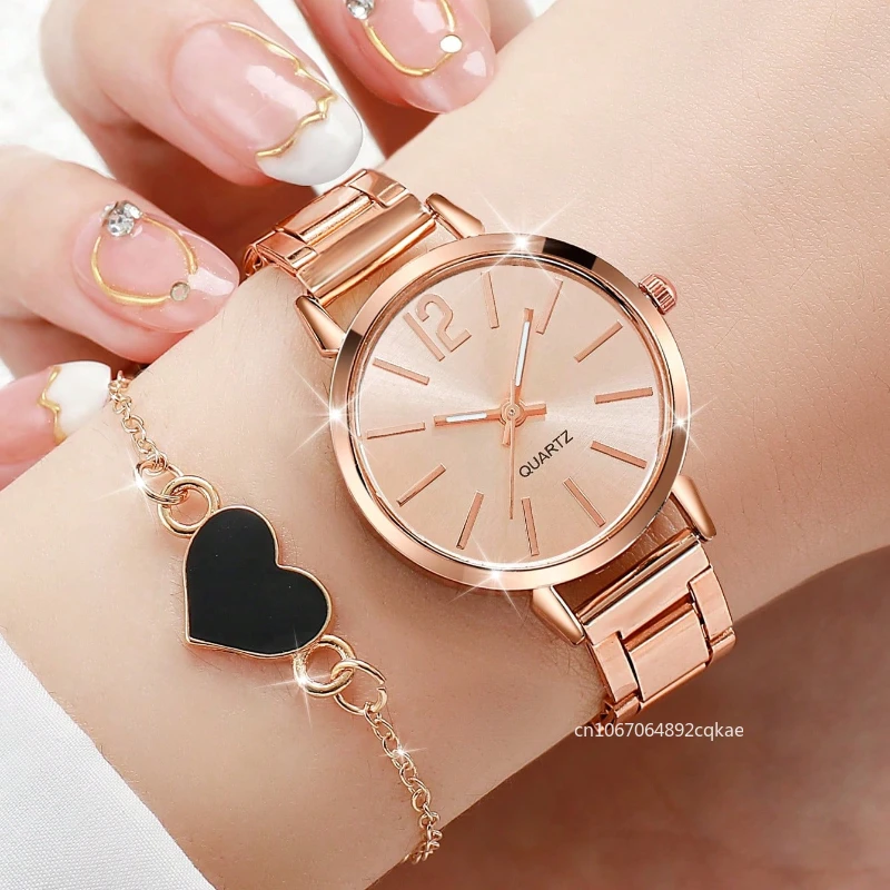 2pcs Business Fashion Quartz Watch Elegant Golden Wrist Watch Heart Charm Bracelet Set Simple Ladies Watches Relojes Para Mujer