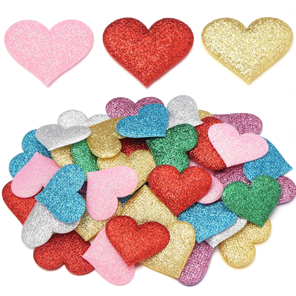 30/60Pcs Polyester Glitter Colorful Heart Adhesive Appliques For DIY Hair Clips Clothing Hat Decor Sewing Craft Accessories