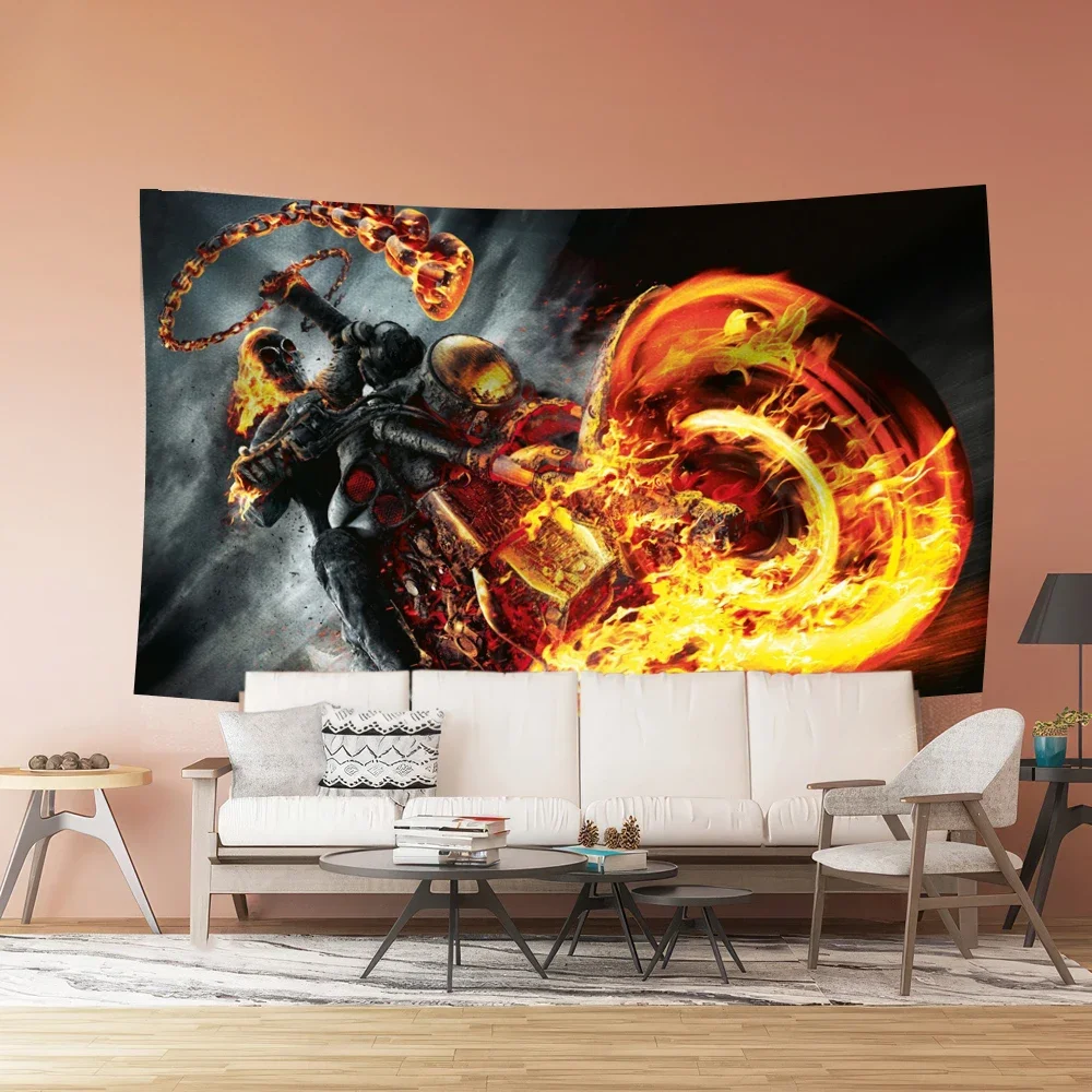 

Skeleton Knight Fire Full Body With Moto Background Decoration Wall Tapestry Polyester Material Home Bedroom