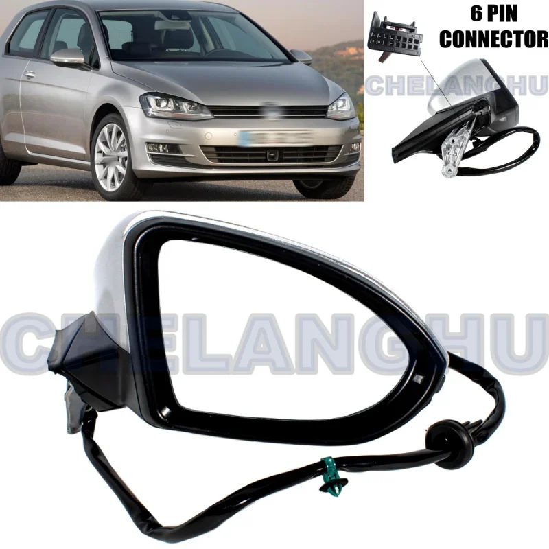 Zespół prawego lusterka 6Pins do VW Golf 7 2013 2014 2015 2016 2017 2018 2019 2020 Silvery z regulacją mocy Światło skrętu Ciepło