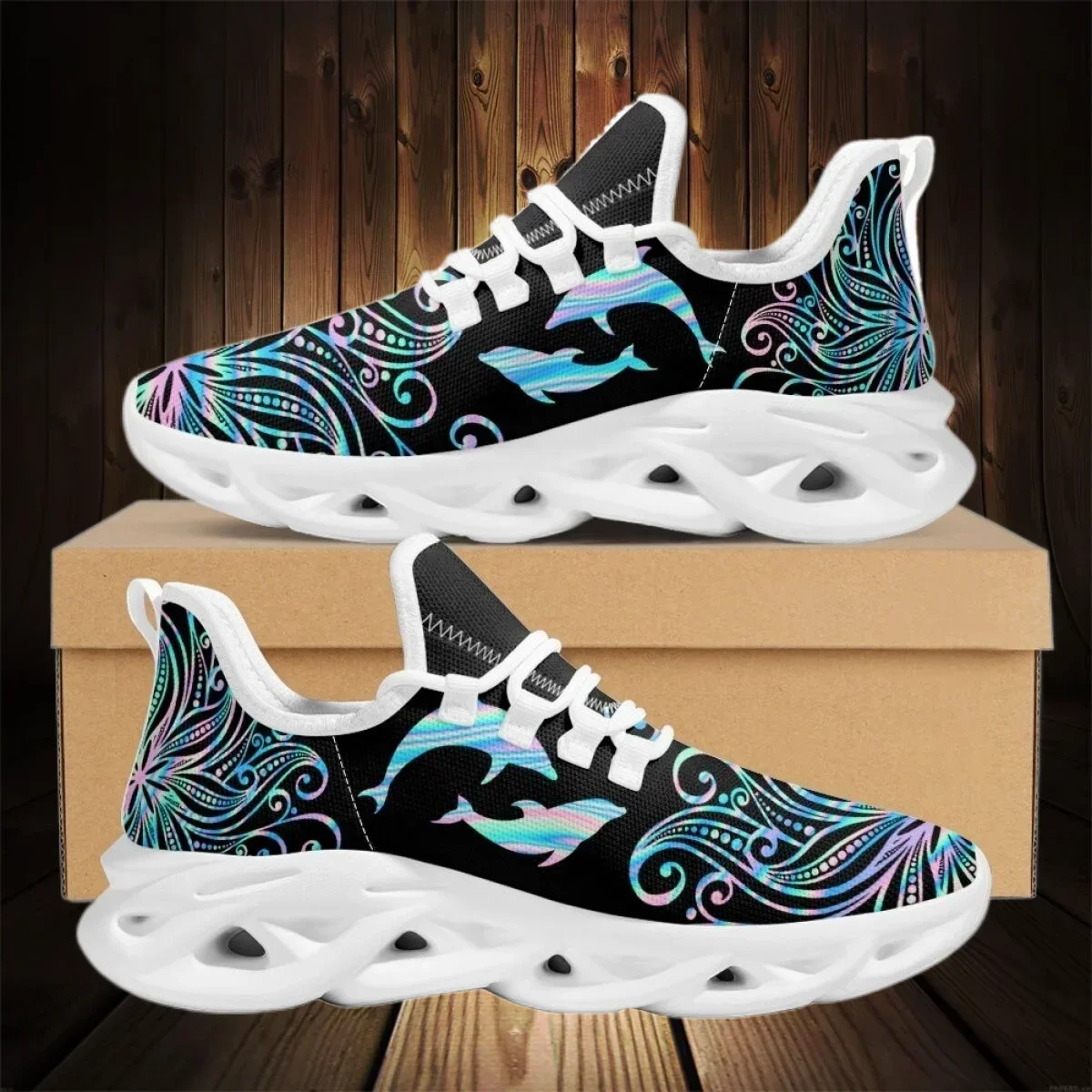 Breathable Non-Slip Mesh Shoes Mandala Dolphin Design Casual Running Shoes Women's Dirty Resistance Cushion Tennis