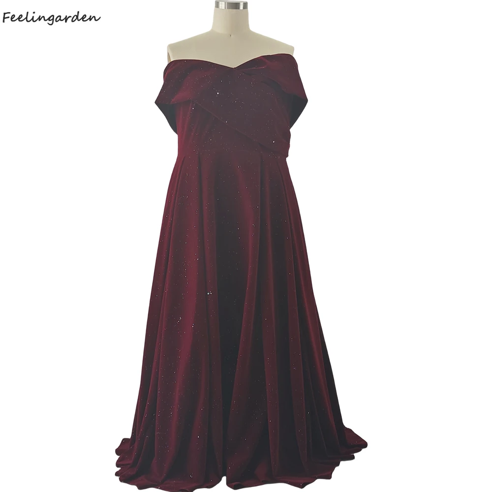 

Feelingarden Evening Dresses Brugundy Velour Bling Pleat Short Sleeves A-line Floor Length Plus size Women Party Dress C1429
