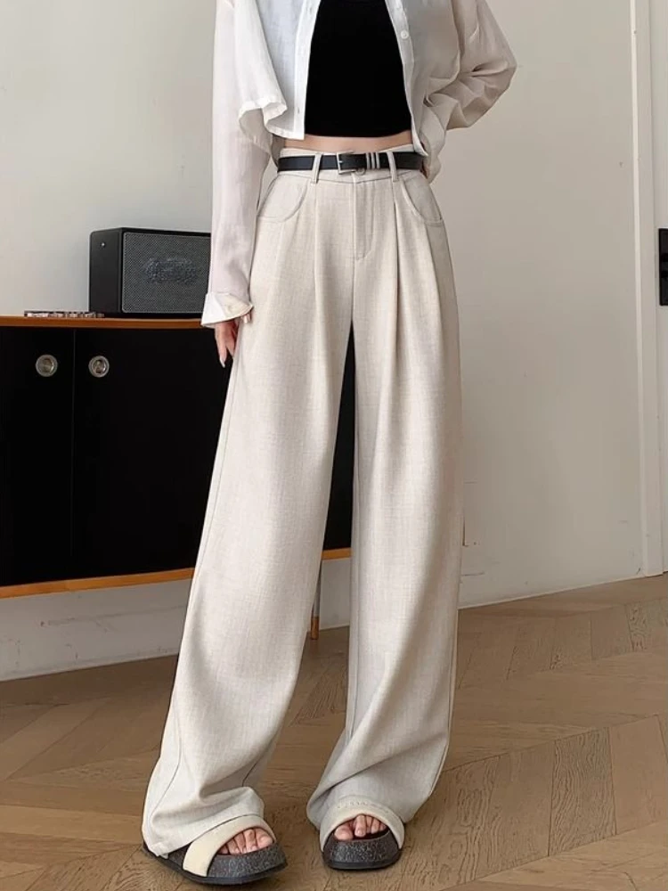 Calça de terno branco de cintura alta feminina, perna larga, solta, versátil, reta, moda coreana, calça elegante feminina, outono, nova, 2024