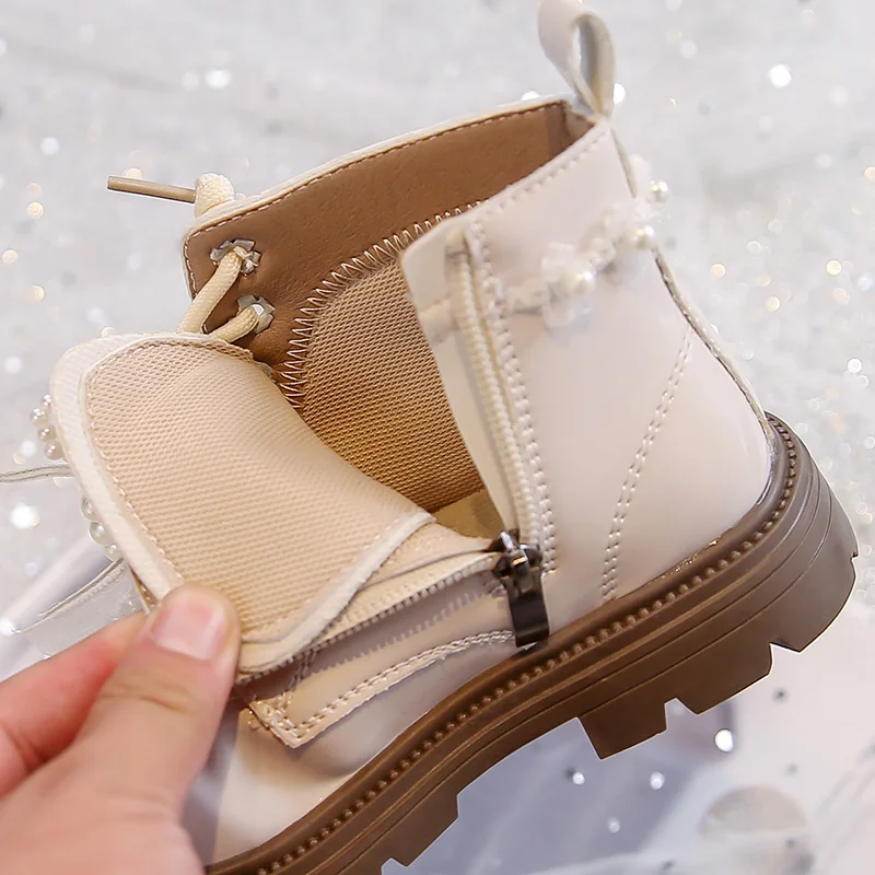 Kleinkind Mädchen Stiefel Herbst Winter Lackleder Kampfstiefel Perlen-Mesh-Schleife, Seitenreißverschluss Rutschfeste Dicke Sohle Prinzessinnen-Knöchelstiefel – Detail 9