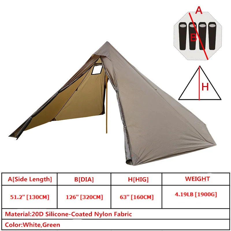 Big Pyramid Tent Height 130cm Ultralight 20D Silicone Awnings Shelter Tent 3-4 Person Outdoor Backpacking Camping Teepee Tent