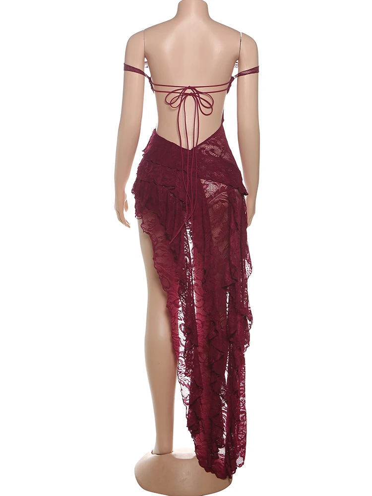 Estranho gato irregular em camadas vestido feminino malha retalhos slash neck rendas sem costas meia-noite banquete festa elegante longo bodycon