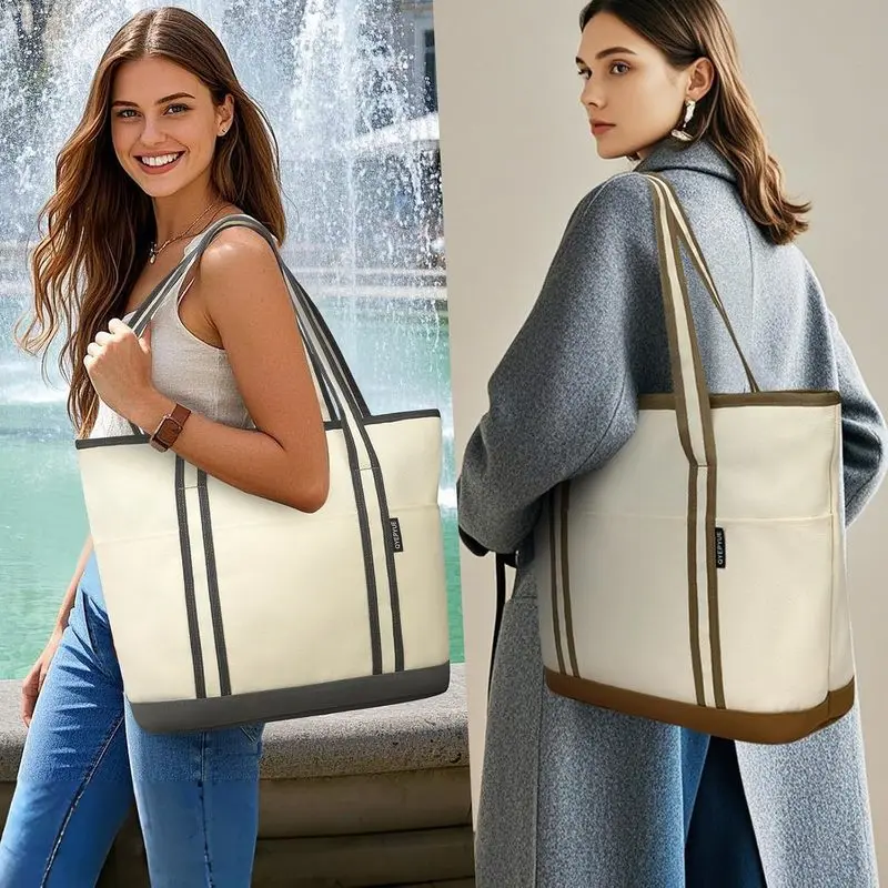 حقيبة كبيرة من القماش للنساء، حقيبة شاطئ بسحاب، حقيبة حمل متعددة الاستخدامات مع 3 جيوب أمامية، حقيبة لحمام السباحة في عطلة نهاية الأسبوع