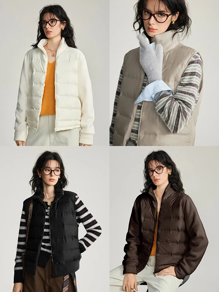 가을 겨울 얇은 플리스 다운 재킷/다운 베스트, 여성용 화이트 덕 다운 스탠드 칼라 캐주얼 지퍼 재킷