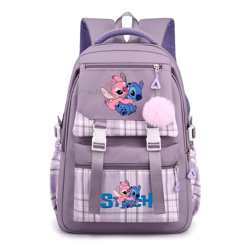 Lilo & Stitch-mochila a cuadros con múltiples bolsillos para hombre y mujer, bolso escolar ligero para ordenador portátil, con dibujos animados,