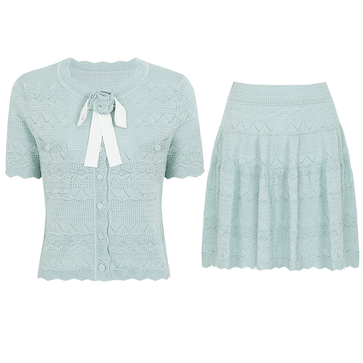 26260 High-Quality New Women's Knitted Three-Dimensional Flower Bow Striped Short Sleeved Cardigan+A-Line Short Skirt Set