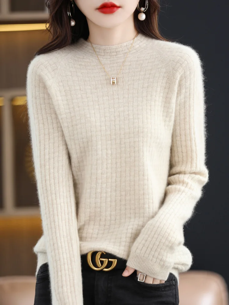 

New 100% Merino Wool Sweater Office Lady Half High Collar Pullover Knitwear Casual Waffle Plaid Clothing Tops Autumn Winter