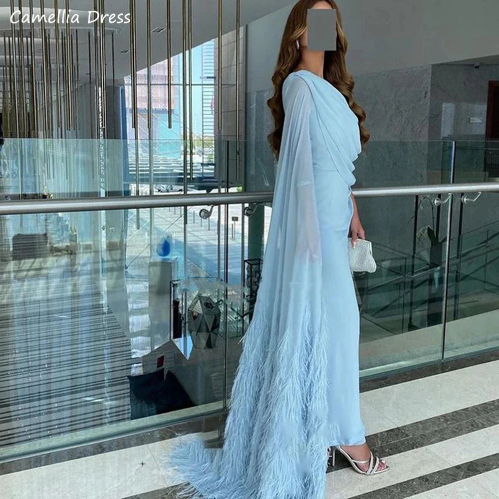 Gorgeous Tulle Evening Dresses For Women Sexy Feather Shawl Prom Dresses Grace Blue Party Gowns Robes De Soirée  فستان سهرة