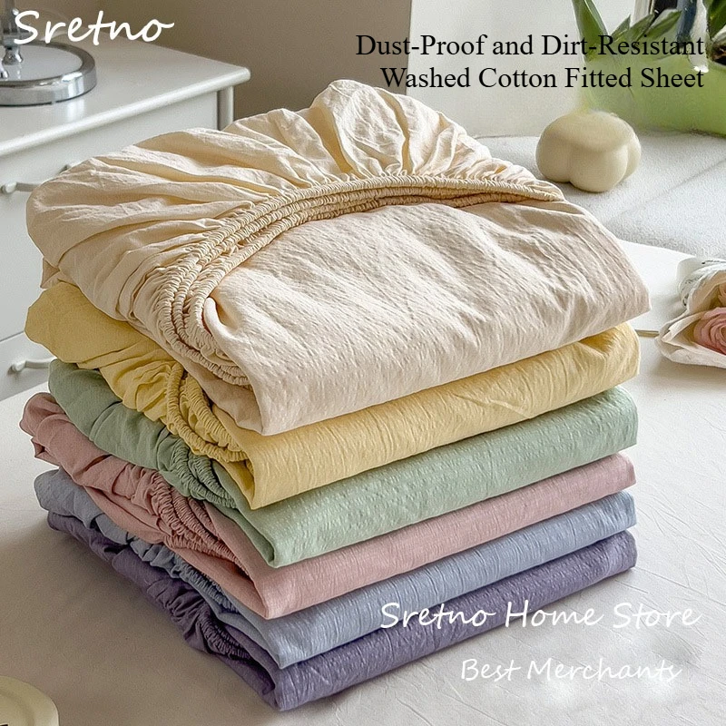 SRETNO Solid Color Fitted Sheet Washed Cotton Mattress Protector Covers Dust Cover Simple Plain Color Bed Sheet Cover Queen Size