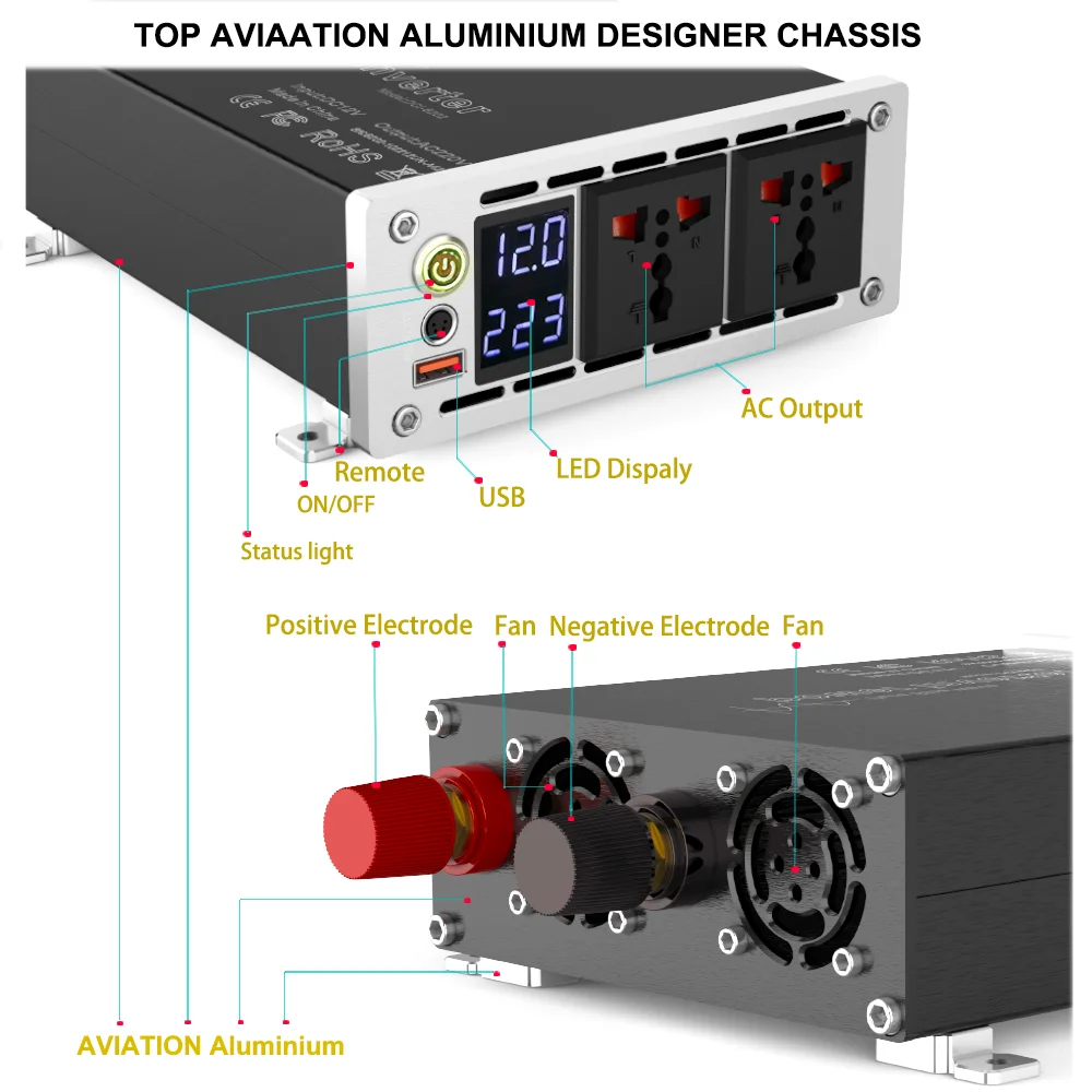 Inverter daya keandalan tinggi, 12v hingga 220V gelombang sinus murni DC AC Regulator tegangan mobil Puncak 3000W dengan Remote