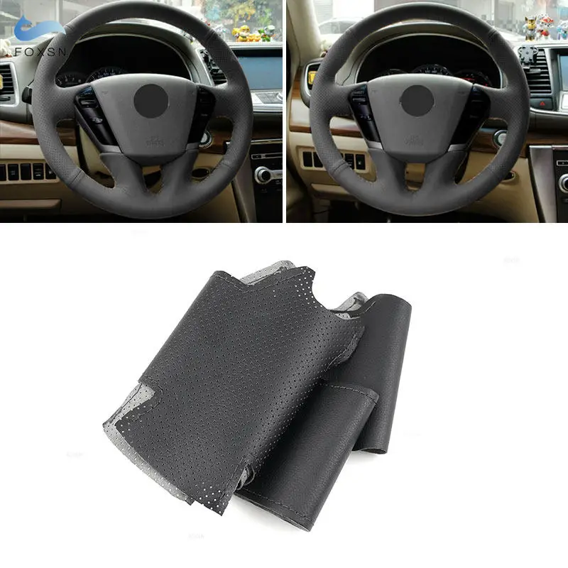 Car Steering Wheel Cover For Nissan Teana Murano Z51 Elgrand Quest 2013 Black Perforated Microfiber Leather w/ Needles & Threads
