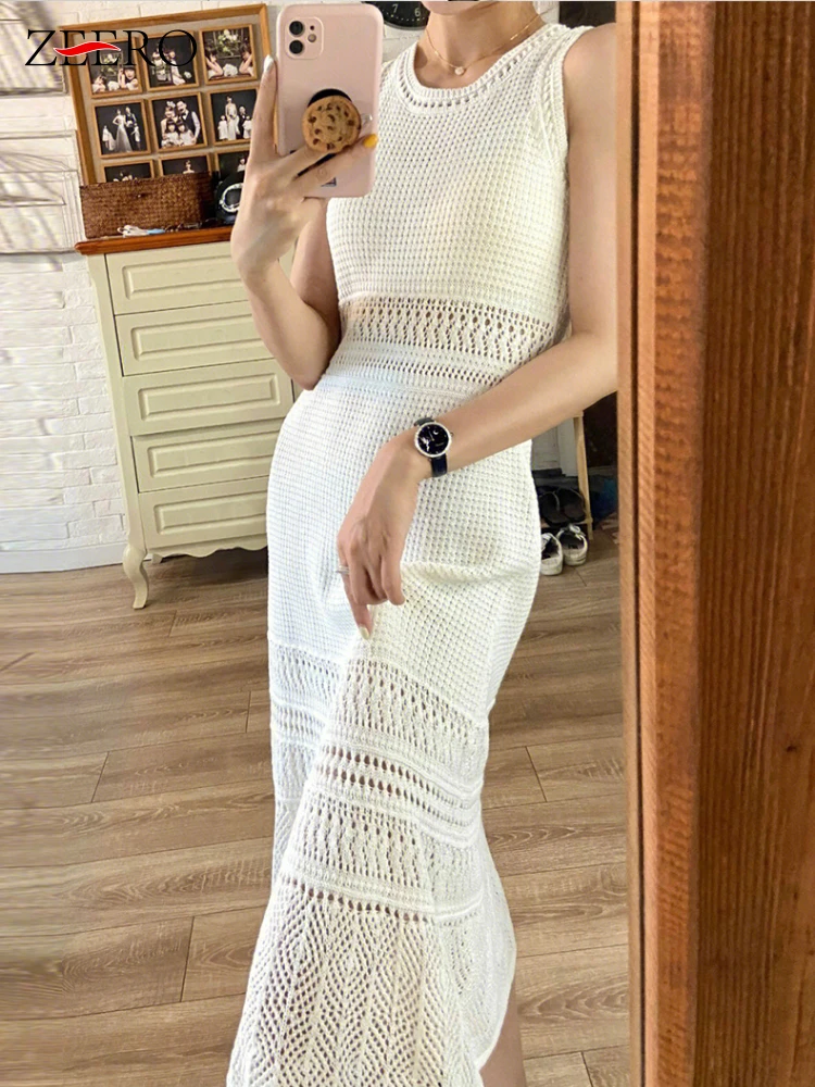 Korean Women Vintage Hollow Out Knitted Dress Elegant Summer OL Sexy White Slim Sleeveless Sweater Midi Daily Dresses Vestidos