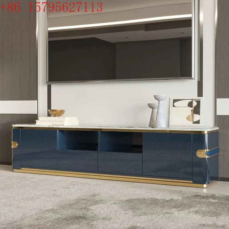 

Тумба под телевизор B02TV, в стиле лёгкой роскоши, постмодерн, с мраморной столешницей, низкая.