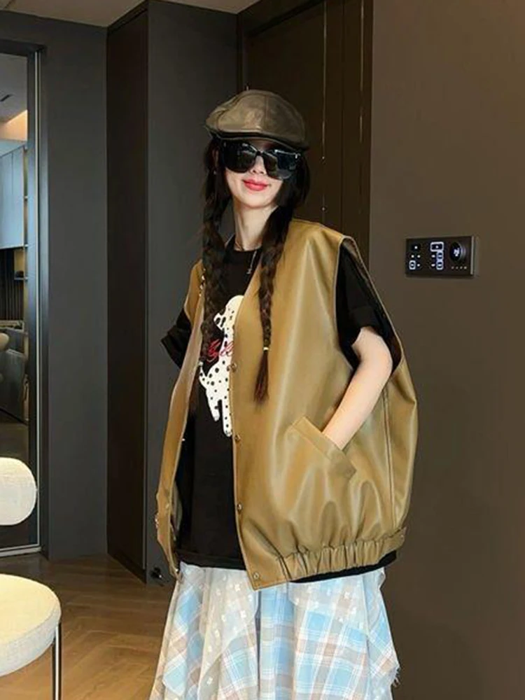 Zoki الشارع الشهير ريترو Y2K Pu سترة المرأة فضفاضة موتو Harajuku فو سترة جلدية معطف الأمريكية خمر الخامس الرقبة جيوب Bf سترة القمم