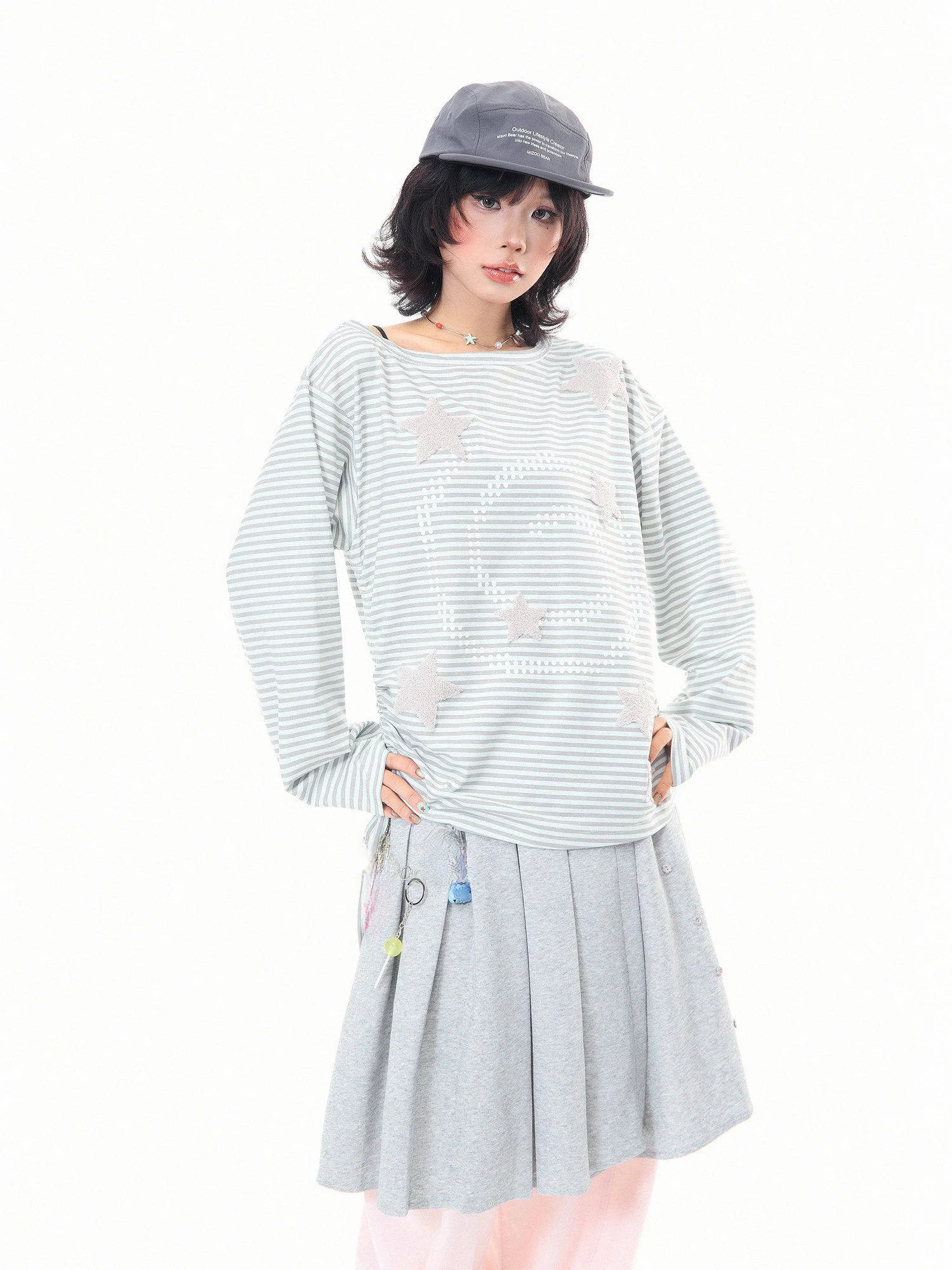 

Loose Long Sve T-irt Women's Spring Breathable Stripe Pattern Knot Side Boting irt Casual round Ne Top