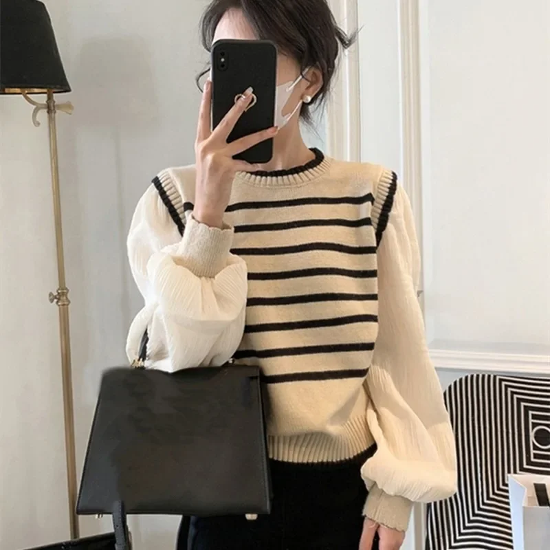 Women Mock Two Piece Knit Striped Sweater Patchwork O-Neck Loose Casual Pullovers Sweaters Spring Autumn New Chic Short Jumpers