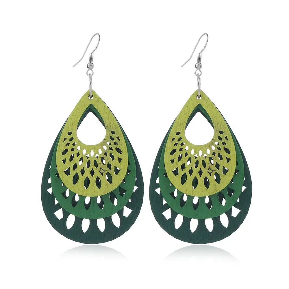 Bohemian Wood Drop Earrings Mixed Color Handmade Large Ethnic Earring Hollow Out Droplet Shape Vintage Dangle Earrings Girls
