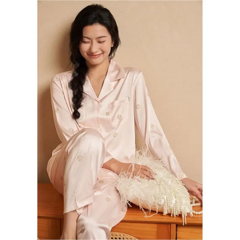 New Ladies Faux Silk Polyester Cute Pumpkin Pajama Sets Comfort Satin Homewear Women Casual Luxury Pyjamas Female Sleepwear